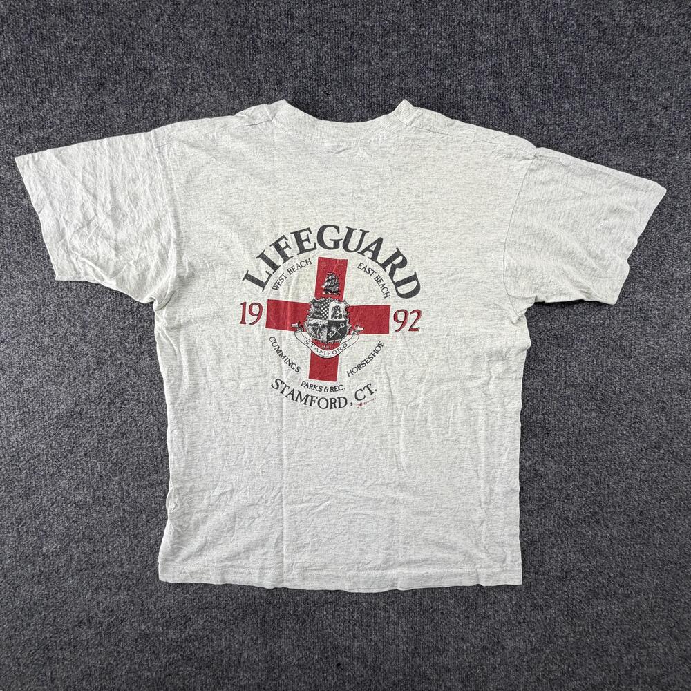 Vintage 1992 Stamford Lifeguard Shirt Mens Large Gray Fruit Of The Loom Tee